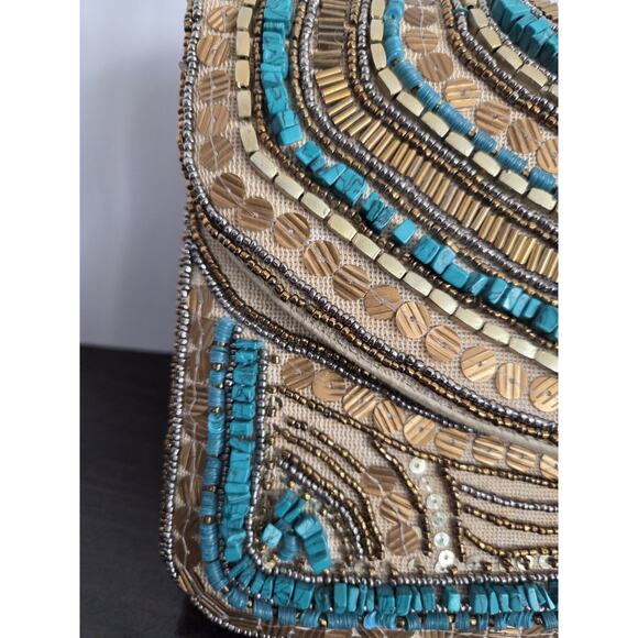 Gold & Turquoise Beaded Clutch / Crossbody Bag Gold Chain Strap Boho Western - Picture 3 of 10